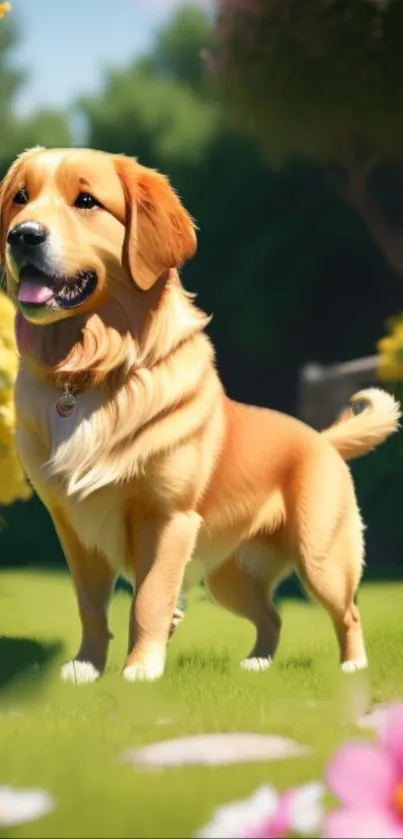 Golden Retriever stands in a colorful garden, surrounded by flowers on a sunny day.