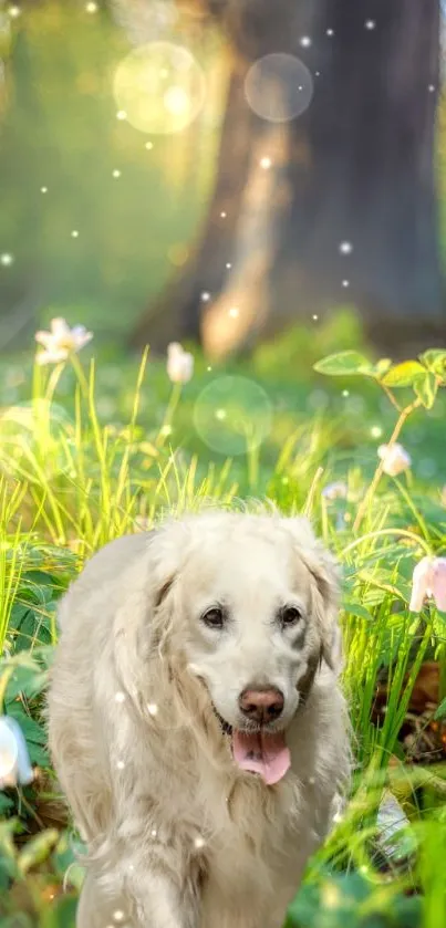 Golden retriever in a magical forest setting with vibrant greenery.