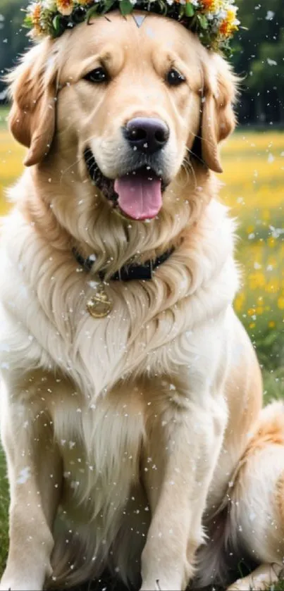 Golden Retriever with flower crown in a field of wildflowers.