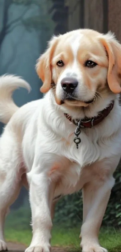 Golden Retriever looking attentive while standing on a forest path.