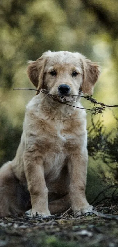 Golden Retriever puppy with stick in green forest setting.