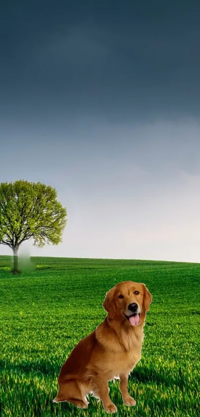 Golden Retriever sitting in a lush green field with a lone tree under a dramatic sky.