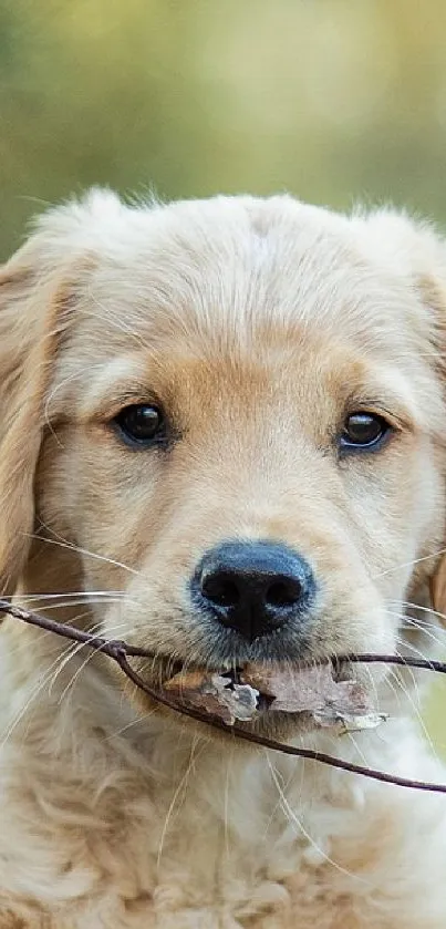 Golden Retriever puppy with a stick in a lush forest setting.