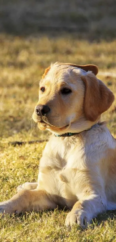 Golden retriever resting on sunlit grass field.