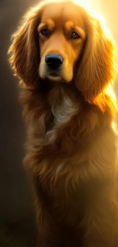 Golden retriever sits in glowing sunlight, surrounded by nature.