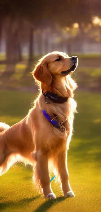Golden retriever standing in sunny green field.
