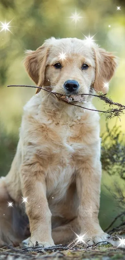 Golden retriever puppy with stick surrounded by sparkles in nature.