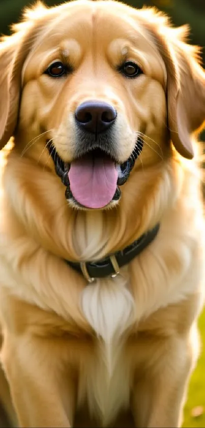 Smiling golden retriever in sunlight on grass