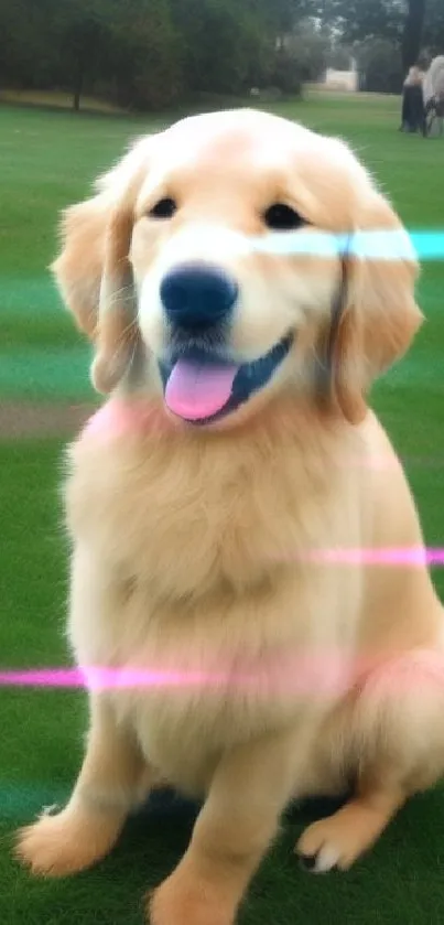 Adorable golden retriever sitting on fresh green grass.