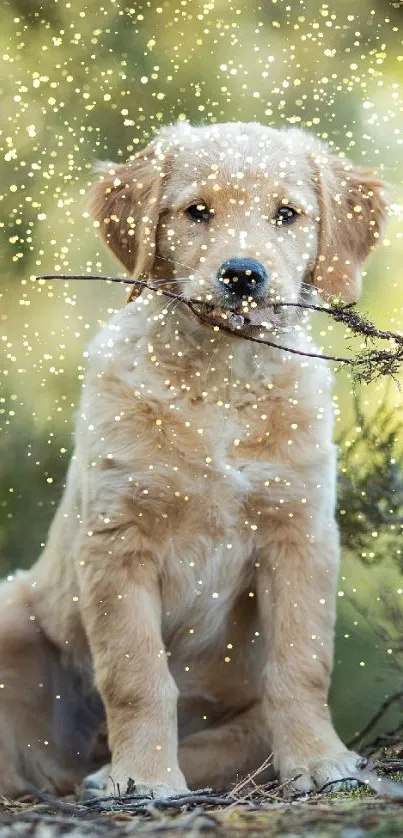 Golden retriever puppy with a stick in a nature setting.