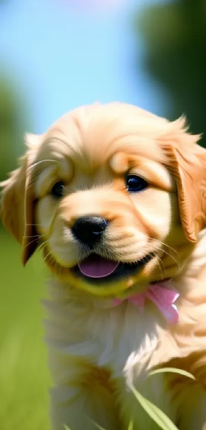 Golden retriever puppy on green grass, perfect for mobile wallpaper.