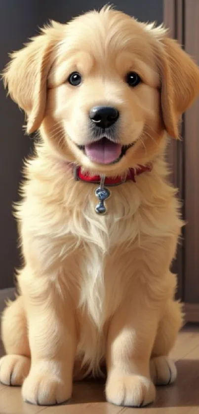 Adorable Golden Retriever puppy wearing a red collar indoors.