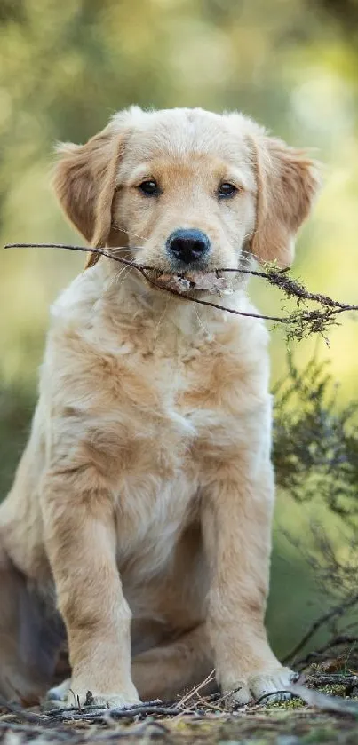 Golden retriever puppy in nature holding a stick.