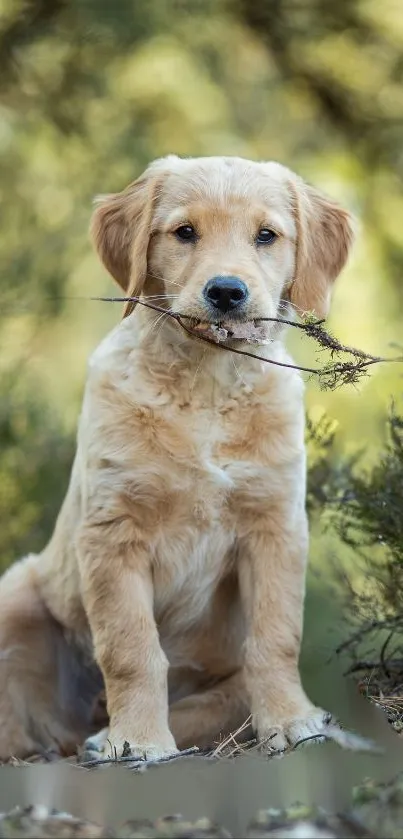 Golden retriever puppy in a serene outdoor setting.