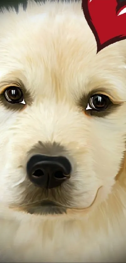 Cute golden retriever puppy with heart graphic, perfect for mobile wallpaper.