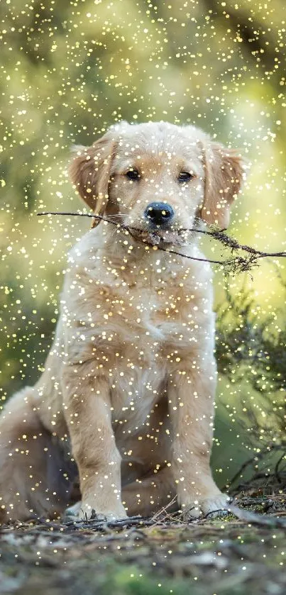 Golden retriever puppy holding a stick in a forest.