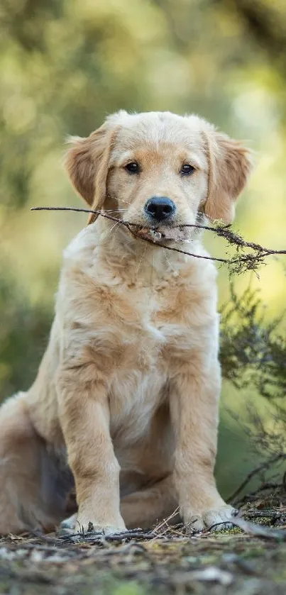 Golden Retriever puppy sitting with a stick outdoors.