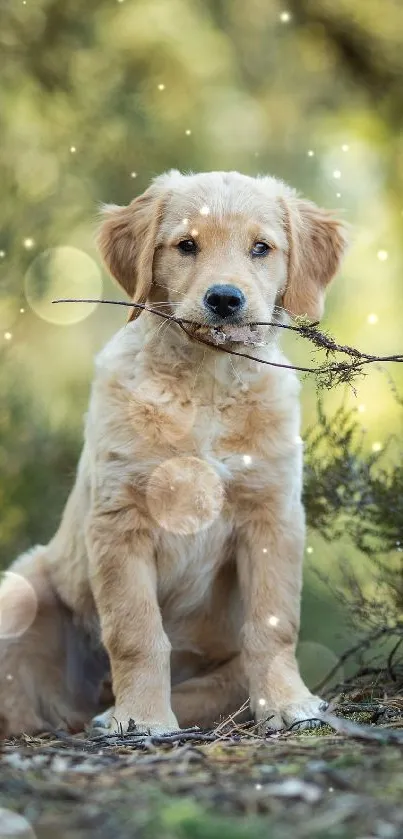 Golden Retriever puppy holding a stick outdoors in a green setting.