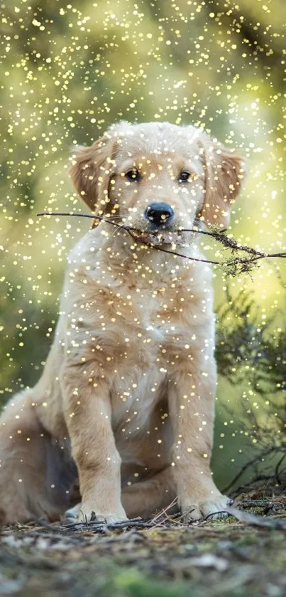 Golden retriever puppy holding a stick in a forested area.