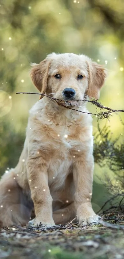 Golden retriever puppy holding a stick outdoors.