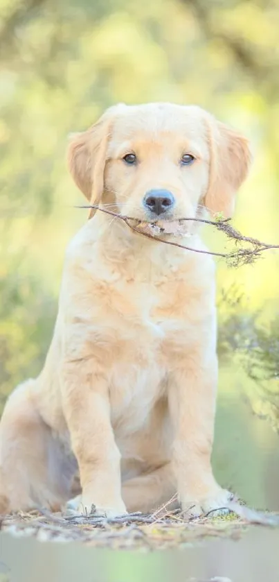 Golden retriever puppy holding a stick in nature.