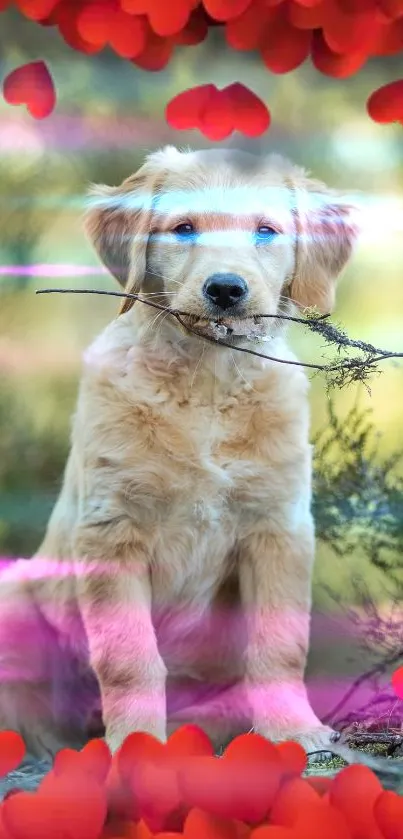 Golden retriever puppy with stick and red hearts background.