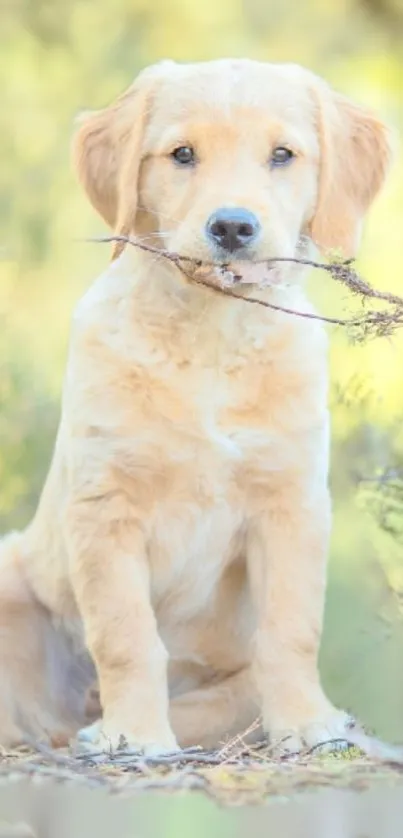 Golden retriever puppy with a stick in its mouth, sitting outdoors.