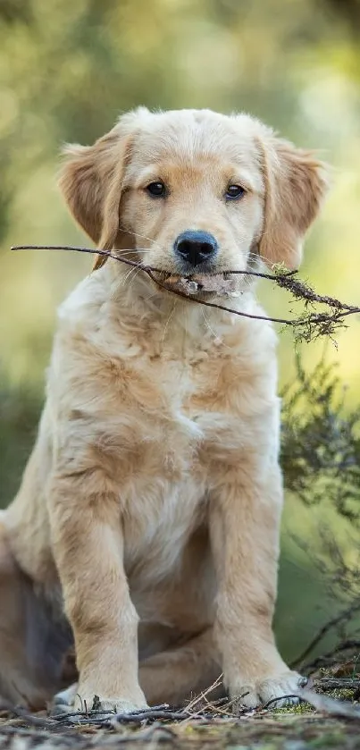 Golden Retriever puppy holding a stick in a nature setting.