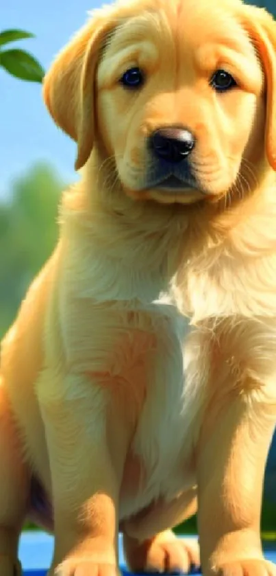 Cute Golden Retriever puppy standing outdoors.