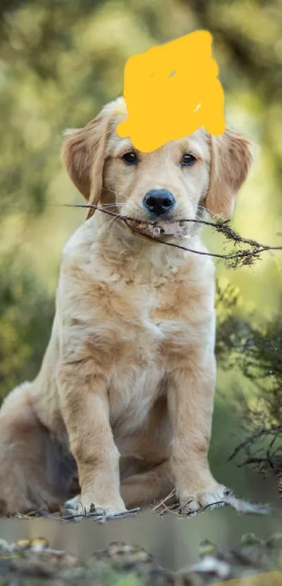 Cute golden retriever puppy with a stick in nature setting.