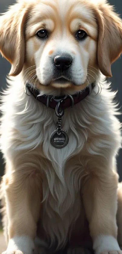 Cute golden retriever puppy sitting outdoors in a heartwarming mobile wallpaper.