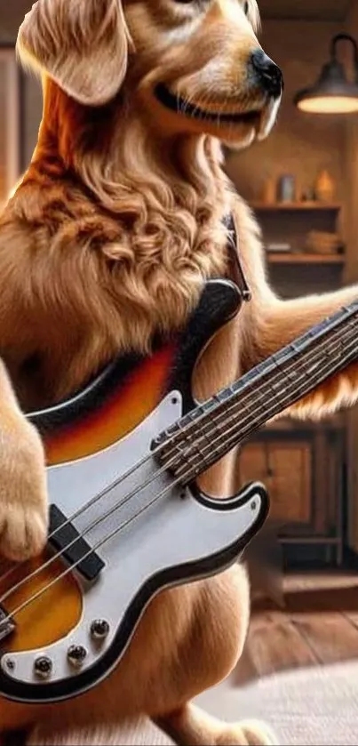 Golden retriever playing a guitar in a cozy room setting.