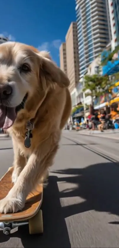 Golden retriever skateboarding on urban city street.