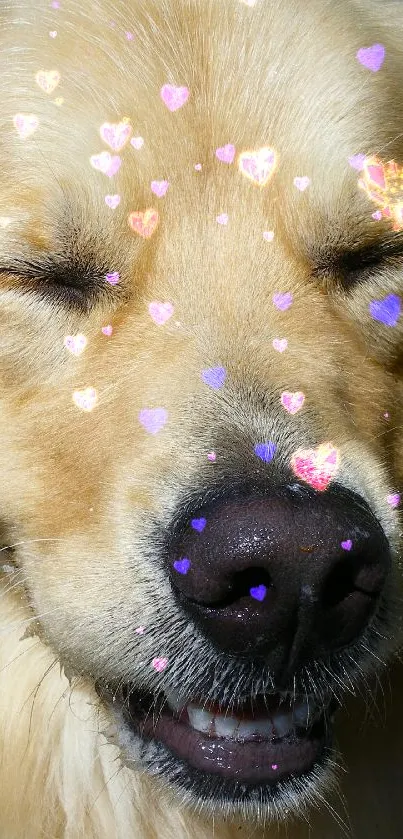 Golden retriever smiling with closed eyes, conveying warmth and joy.