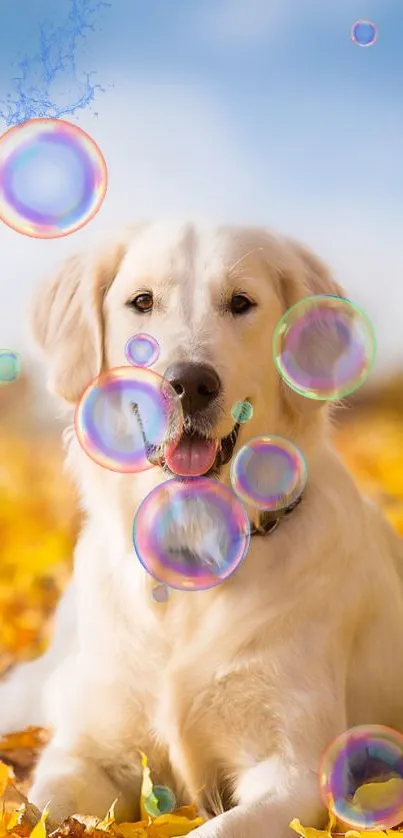 Golden Retriever surrounded by colorful bubbles on autumn leaves.