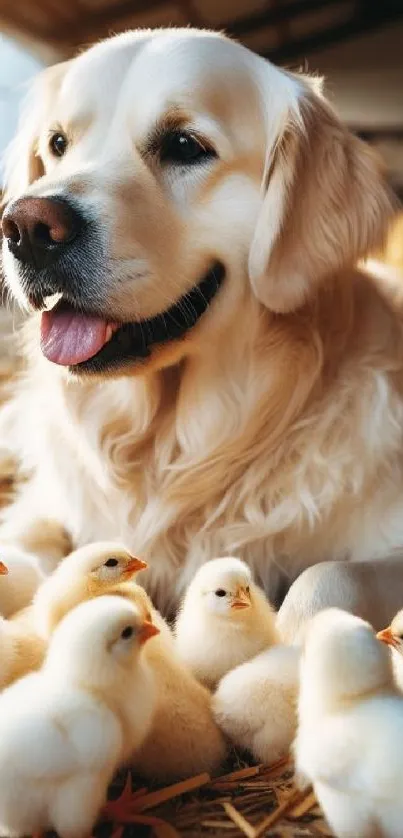 Golden Retriever surrounded by fluffy chicks in a barn setting.