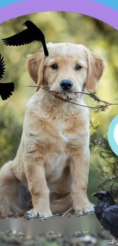 Golden retriever puppy with crows under a rainbow.