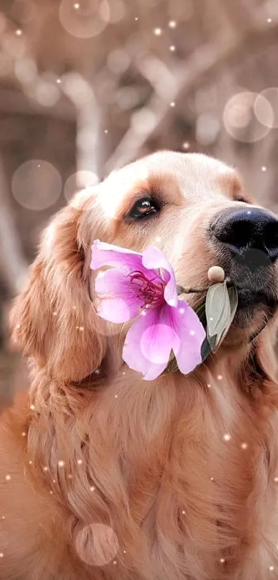 Golden retriever holding a pink flower in mouth against a blurred background.