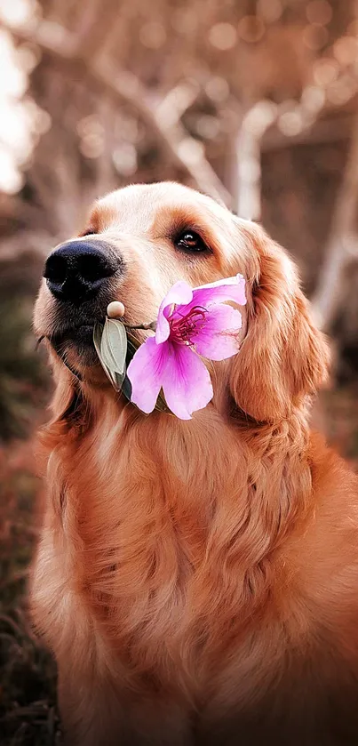 Golden retriever holding a pink flower in nature.