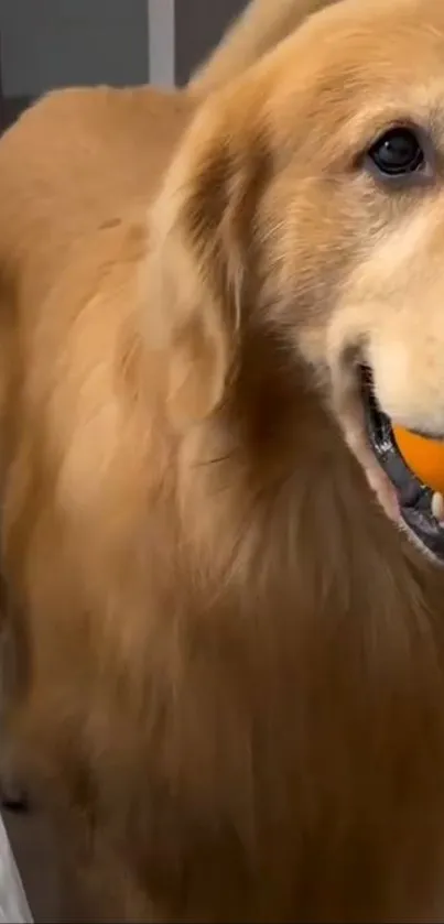 Golden Retriever joyfully holding an orange ball.