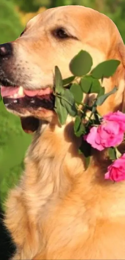 Golden Retriever holding roses in its mouth against a green background.