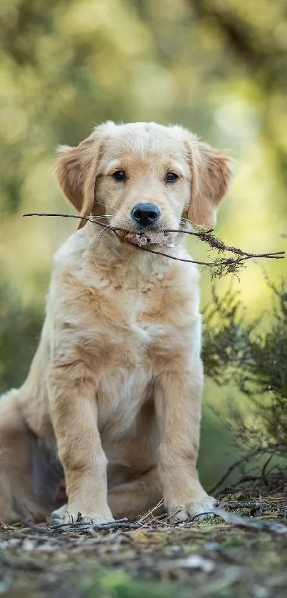 Golden Retriever puppy holding a stick outdoors in nature.