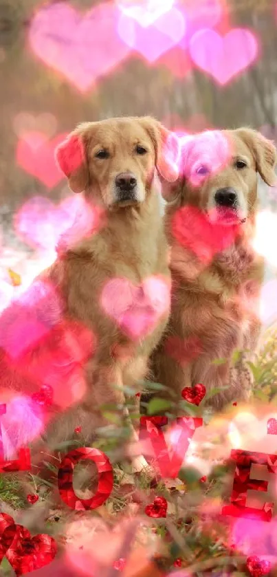 Two golden retrievers by a lake with red love text overlay.