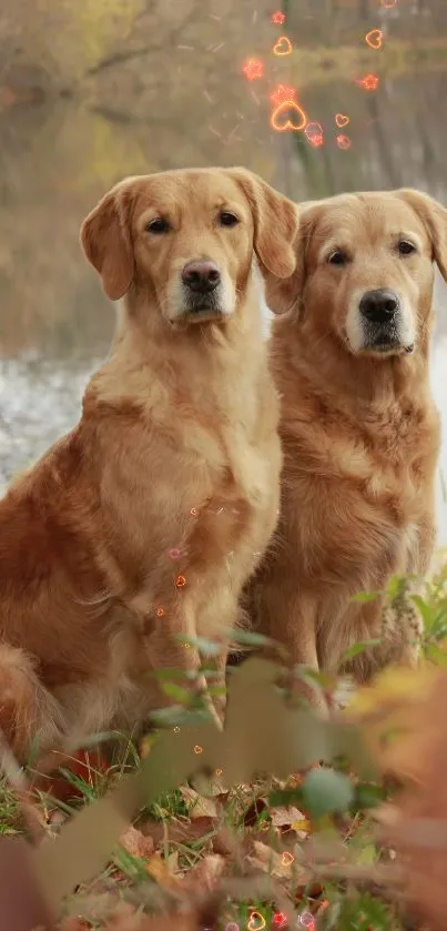 Golden Retrievers sitting by autumn lake, vibrant scenery.