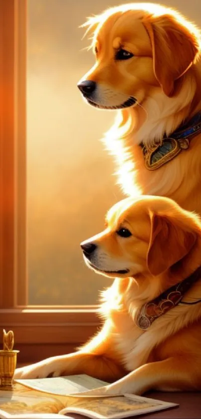 Two golden retrievers sit by a sunlit window, creating a warm, inviting scene.