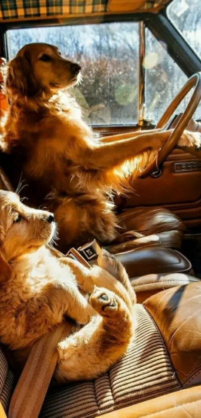 Two golden retrievers driving in a car with a sunny background.