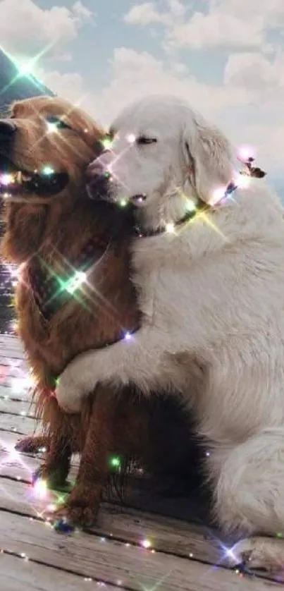 Two golden retrievers hugging on a dock with sparkling lights.