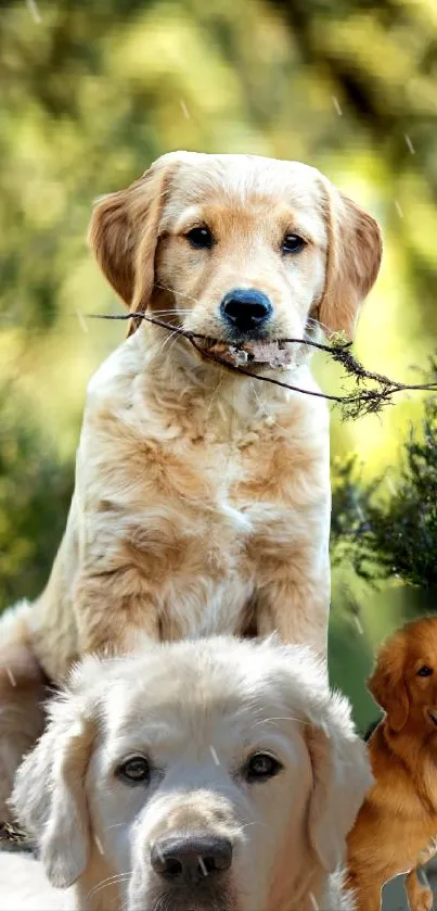 Golden retrievers in a green, leafy background.