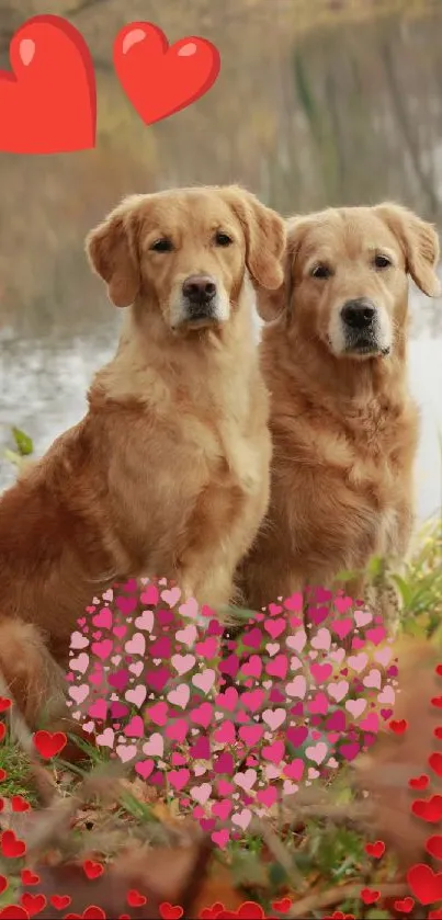 Golden retrievers with hearts by a lake, enhancing love and nature themes.