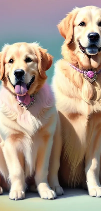 Two golden retrievers on a pastel background as mobile wallpaper.